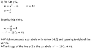 3) for CD y=2,
𝑢 = 𝑥2
− 4, 𝑣 = 4𝑥
𝑥 =
𝑣
4
Substituting x in u,
𝑢 =
𝑣2
16
− 4
∴ 𝑣2
= 16(𝑢 + 4)
Which represents a parabola with vertex (-4,0) and opening to right of the
vertex.
The image of the line y=2 is the parabola 𝑣2
= 16(𝑢 + 4).
 