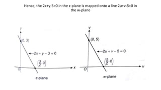 Hence, the 2x+y-3=0 in the z-plane is mapped onto a line 2u+v-5=0 in
the w-plane
 