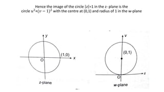 Hence the image of the circle 𝑧 =1 in the z- plane is the
circle 𝑢2
+(𝑣 − 1)2
with the centre at (0,1) and radius of 1 in the w-plane
 