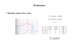 3D Rotation
• Rotation about the z-axis:
 