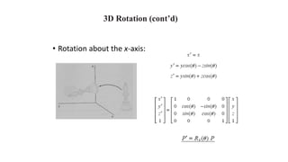 3D Rotation (cont’d)
• Rotation about the x-axis:
 