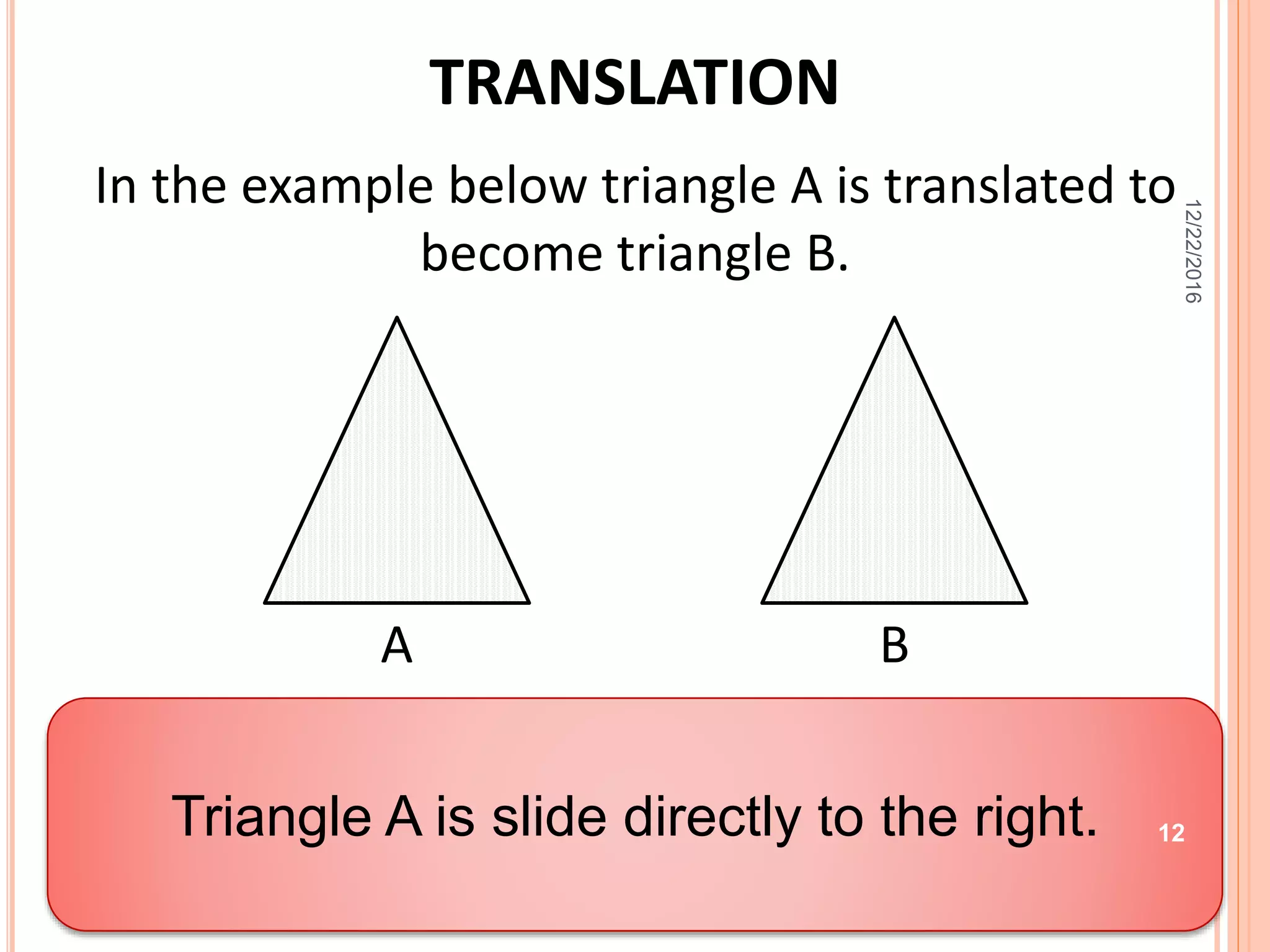 TRANSLATION
In the example below triangle A is translated to
become triangle B.
A B
Describe the translation.
Triangle A is slide directly to the right.
12/22/2016
12
 