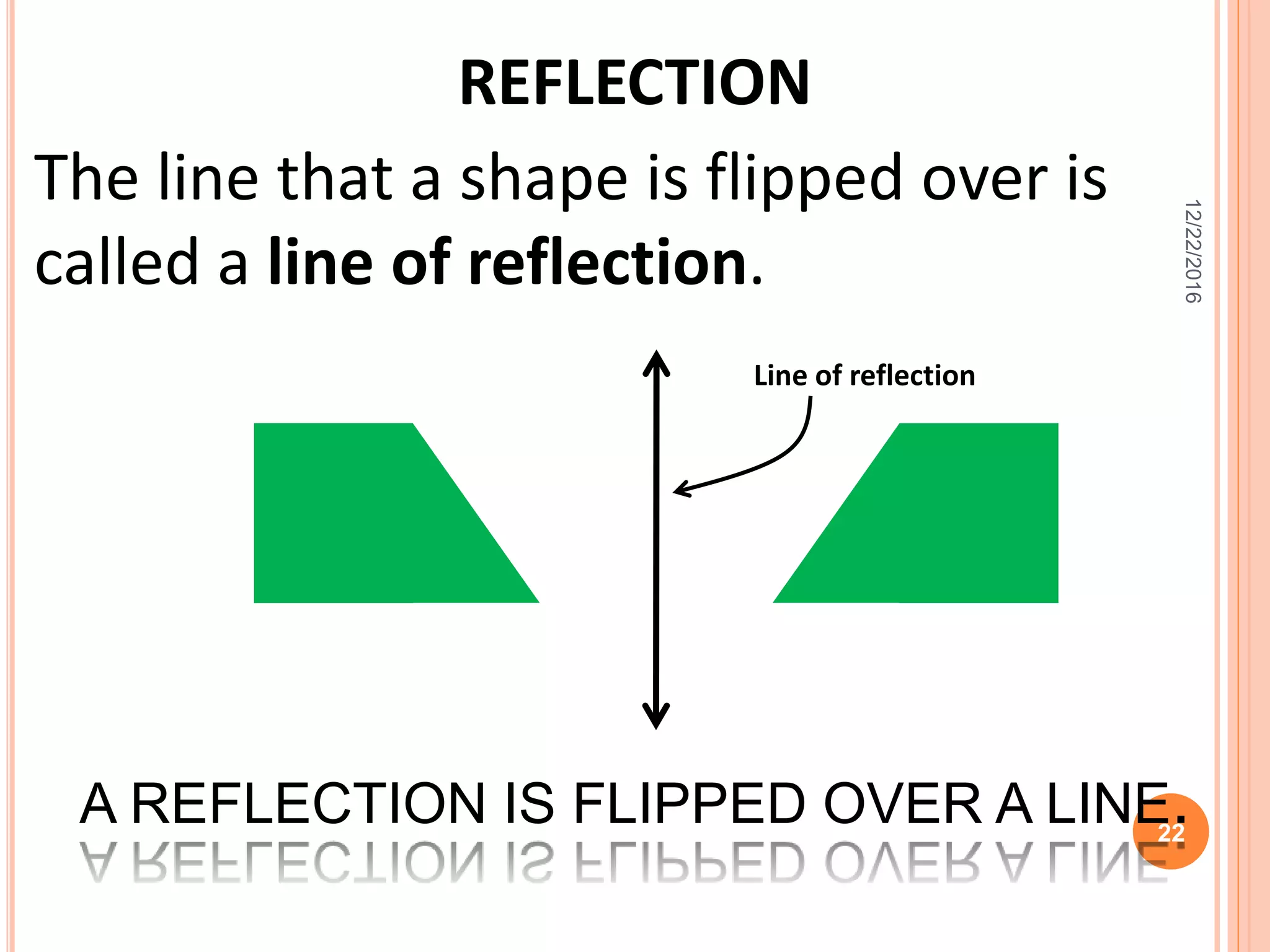 REFLECTION
The line that a shape is flipped over is
called a line of reflection.
A REFLECTION IS FLIPPED OVER A LINE.
Line of reflection
12/22/2016
22
 