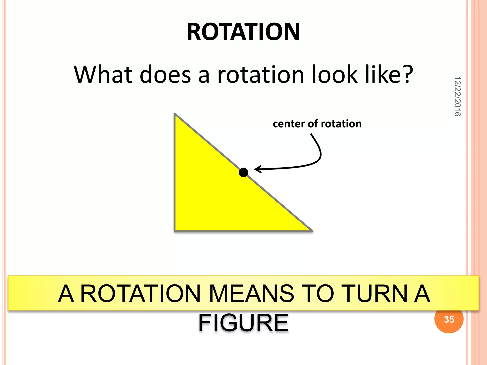 ROTATION
What does a rotation look like?
A ROTATION MEANS TO TURN A
FIGURE
center of rotation
12/22/2016
35
 