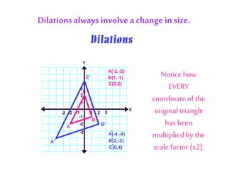 Dilations always involve a change in size.
Notice how
EVERY
coordinate of the
original triangle
has been
multipliedby the
scale factor (x2).
 