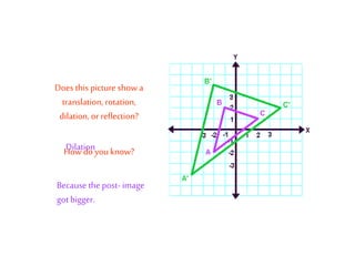 Does this picture showa
translation, rotation,
dilation, or reflection?
Howdo you know?
Dilation
Because the post- image
gotbigger.
 