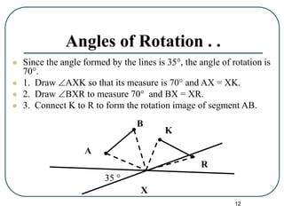 12
Angles of Rotation . .
 Since the angle formed by the lines is 35°, the angle of rotation is
70°.
 1. Draw AXK so that its measure is 70° and AX = XK.
 2. Draw BXR to measure 70° and BX = XR.
 3. Connect K to R to form the rotation image of segment AB.
A
B
35 °
X
K
R
 