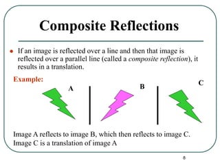 8
Composite Reflections
 If an image is reflected over a line and then that image is
reflected over a parallel line (called a composite reflection), it
results in a translation.
A B C
Image A reflects to image B, which then reflects to image C.
Image C is a translation of image A
Example:
 