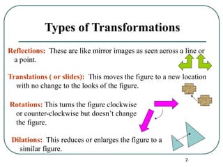 2
Types of Transformations
Reflections: These are like mirror images as seen across a line or
a point.
Translations ( or slides): This moves the figure to a new location
with no change to the looks of the figure.
Rotations: This turns the figure clockwise
or counter-clockwise but doesn’t change
the figure.
Dilations: This reduces or enlarges the figure to a
similar figure.
 