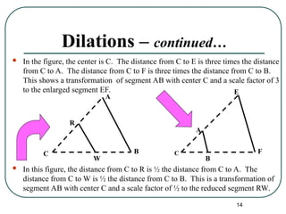 14
Dilations – continued…
 In the figure, the center is C. The distance from C to E is three times the distance
from C to A. The distance from C to F is three times the distance from C to B.
This shows a transformation of segment AB with center C and a scale factor of 3
to the enlarged segment EF.
 In this figure, the distance from C to R is ½ the distance from C to A. The
distance from C to W is ½ the distance from C to B. This is a transformation of
segment AB with center C and a scale factor of ½ to the reduced segment RW.
C
E
A
F
B
C
R
A
B
W
 