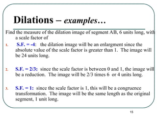 15
Dilations – examples…
Find the measure of the dilation image of segment AB, 6 units long, with
a scale factor of
1. S.F. = -4: the dilation image will be an enlargment since the
absolute value of the scale factor is greater than 1. The image will
be 24 units long.
2. S.F. = 2/3: since the scale factor is between 0 and 1, the image will
be a reduction. The image will be 2/3 times 6 or 4 units long.
3. S.F. = 1: since the scale factor is 1, this will be a congruence
transformation. The image will be the same length as the original
segment, 1 unit long.
 