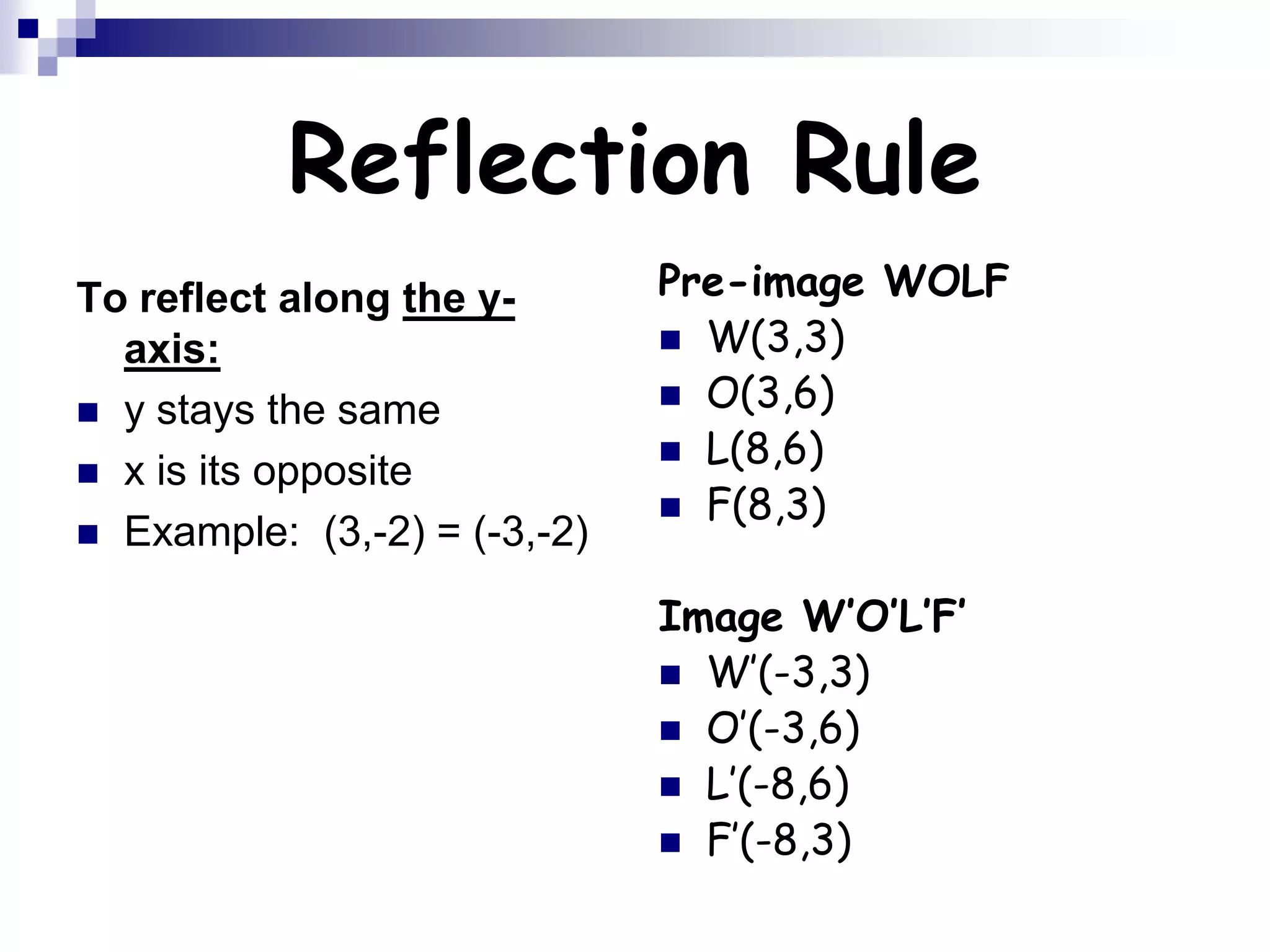 Reflection Rule
To reflect along the y-
axis:
 y stays the same
 x is its opposite
 Example: (3,-2) = (-3,-2)
Pre-image WOLF
 W(3,3)
 O(3,6)
 L(8,6)
 F(8,3)
Image W’O’L’F’
 W’(-3,3)
 O’(-3,6)
 L’(-8,6)
 F’(-8,3)
 