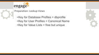 Preparation: Lookup Views
•Key for Database Profiles = dbprofile
•Key for User Profiles = Canonical Name
•Key for Value Li...