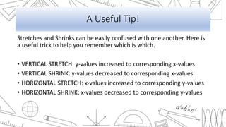 A Useful Tip!
Stretches and Shrinks can be easily confused with one another. Here is
a useful trick to help you remember which is which.
• VERTICAL STRETCH: y-values increased to corresponding x-values
• VERTICAL SHRINK: y-values decreased to corresponding x-values
• HORIZONTAL STRETCH: x-values increased to corresponding y-values
• HORIZONTAL SHRINK: x-values decreased to corresponding y-values
 