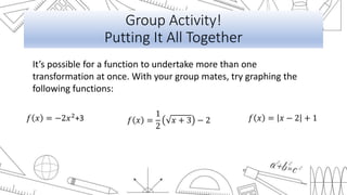 Group Activity!
Putting It All Together
It’s possible for a function to undertake more than one
transformation at once. With your group mates, try graphing the
following functions:
𝑓 𝑥 = −2𝑥2+3 𝑓 𝑥 =
1
2
𝑥 + 3 − 2 𝑓 𝑥 = 𝑥 − 2 + 1
 