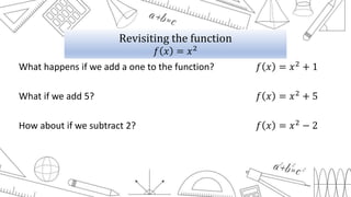 What happens if we add a one to the function? 𝑓 𝑥 = 𝑥2 + 1
What if we add 5? 𝑓 𝑥 = 𝑥2 + 5
How about if we subtract 2? 𝑓 𝑥 = 𝑥2
− 2
Revisiting the function
𝑓 𝑥 = 𝑥2
 