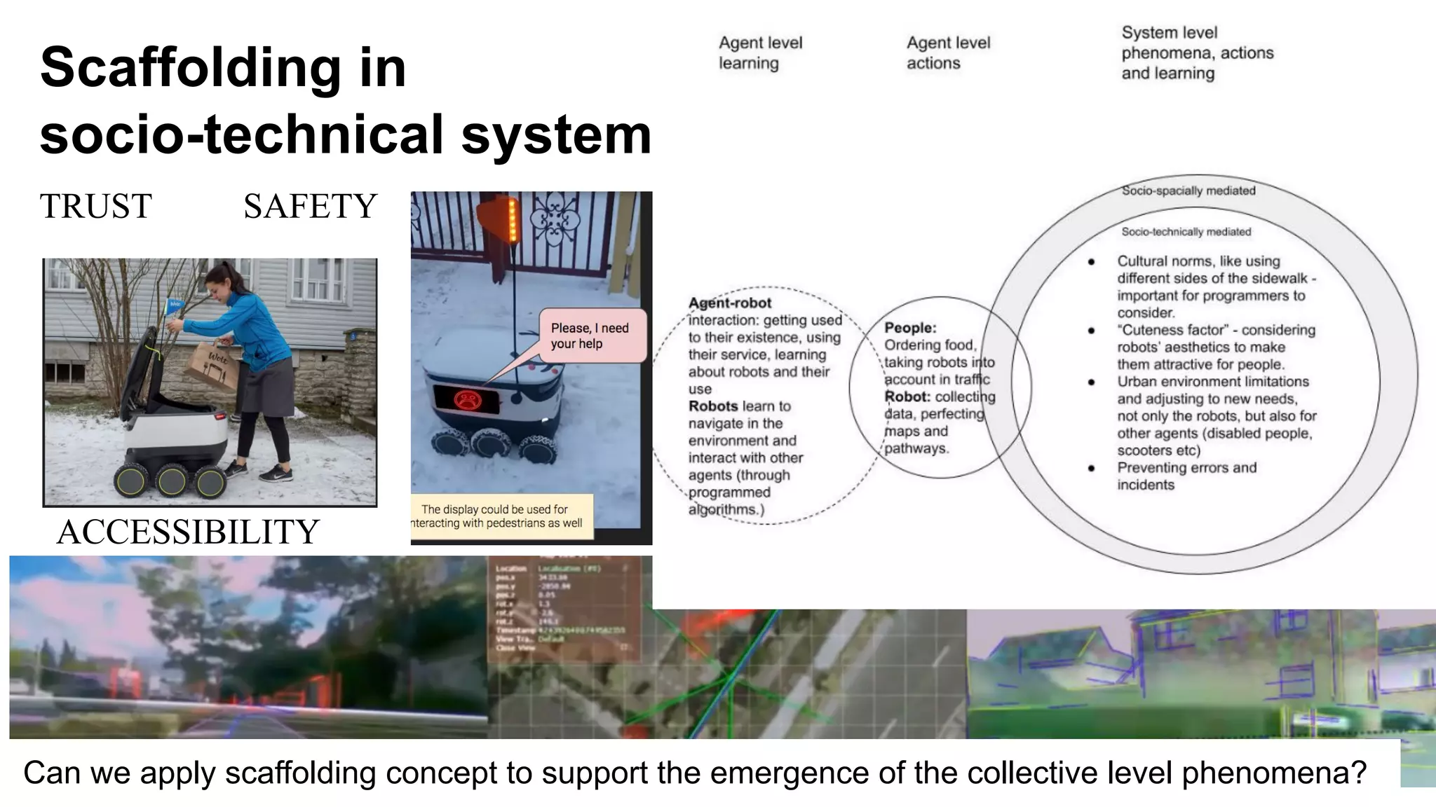 Scaffolding in
socio-technical systems
TRUST SAFETY
ACCESSIBILITY
Can we apply scaffolding concept to support the emergence of the collective level phenomena?
 