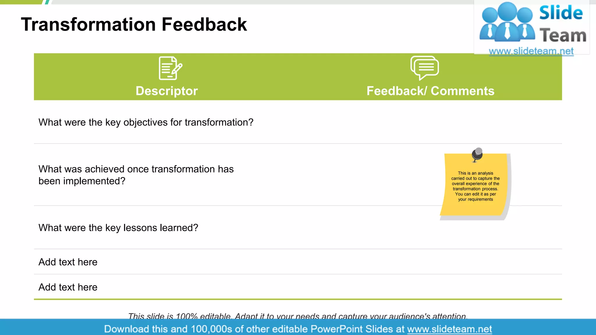 Transformation Feedback
Descriptor Feedback/ Comments
What were the key objectives for transformation?
What was achieved once transformation has
been implemented?
What were the key lessons learned?
Add text here
Add text here
10
This is an analysis
carried out to capture the
overall experience of the
transformation process.
You can edit it as per
your requirements
This slide is 100% editable. Adapt it to your needs and capture your audience's attention.
 