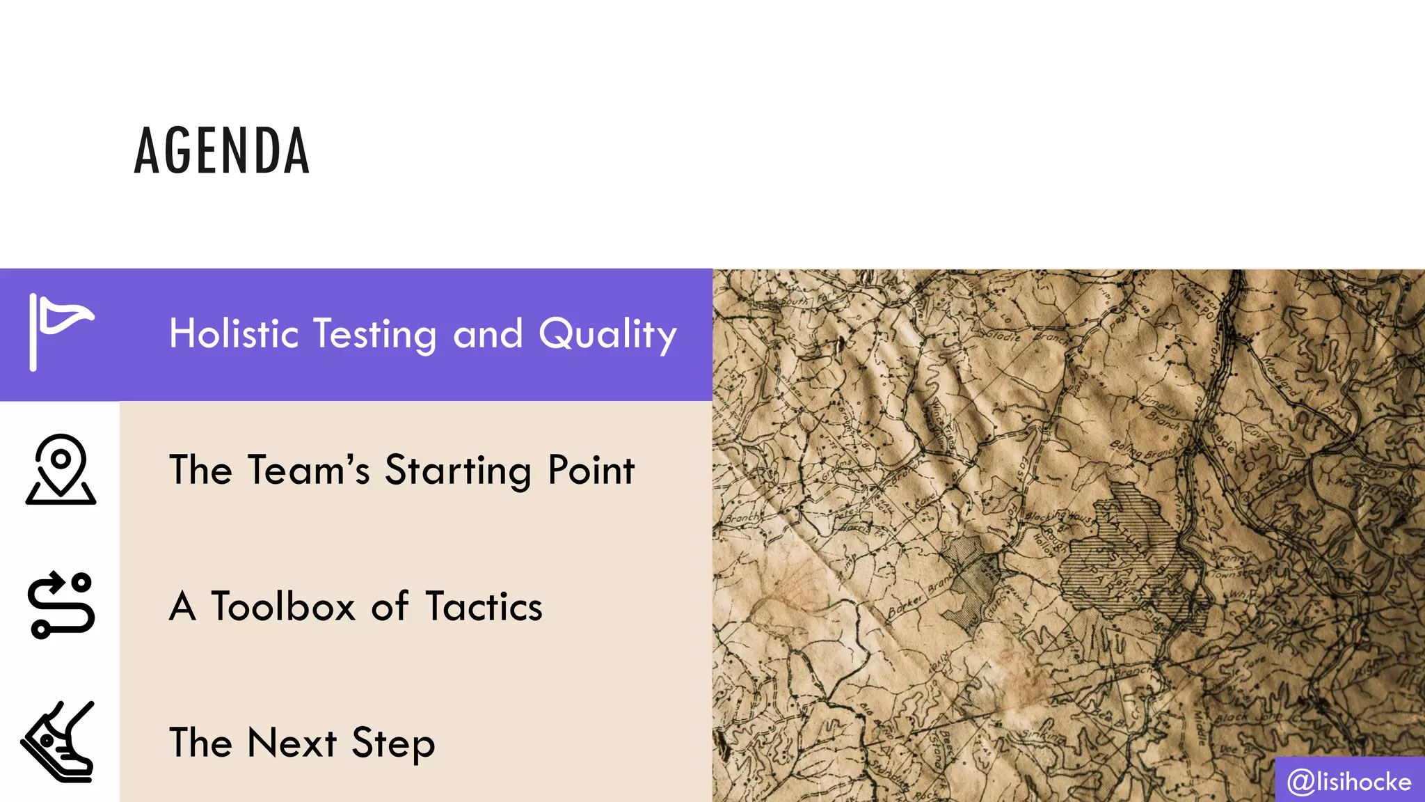 AGENDA
@lisihocke
Holistic Testing and Quality
The Team’s Starting Point
A Toolbox of Tactics
The Next Step
 