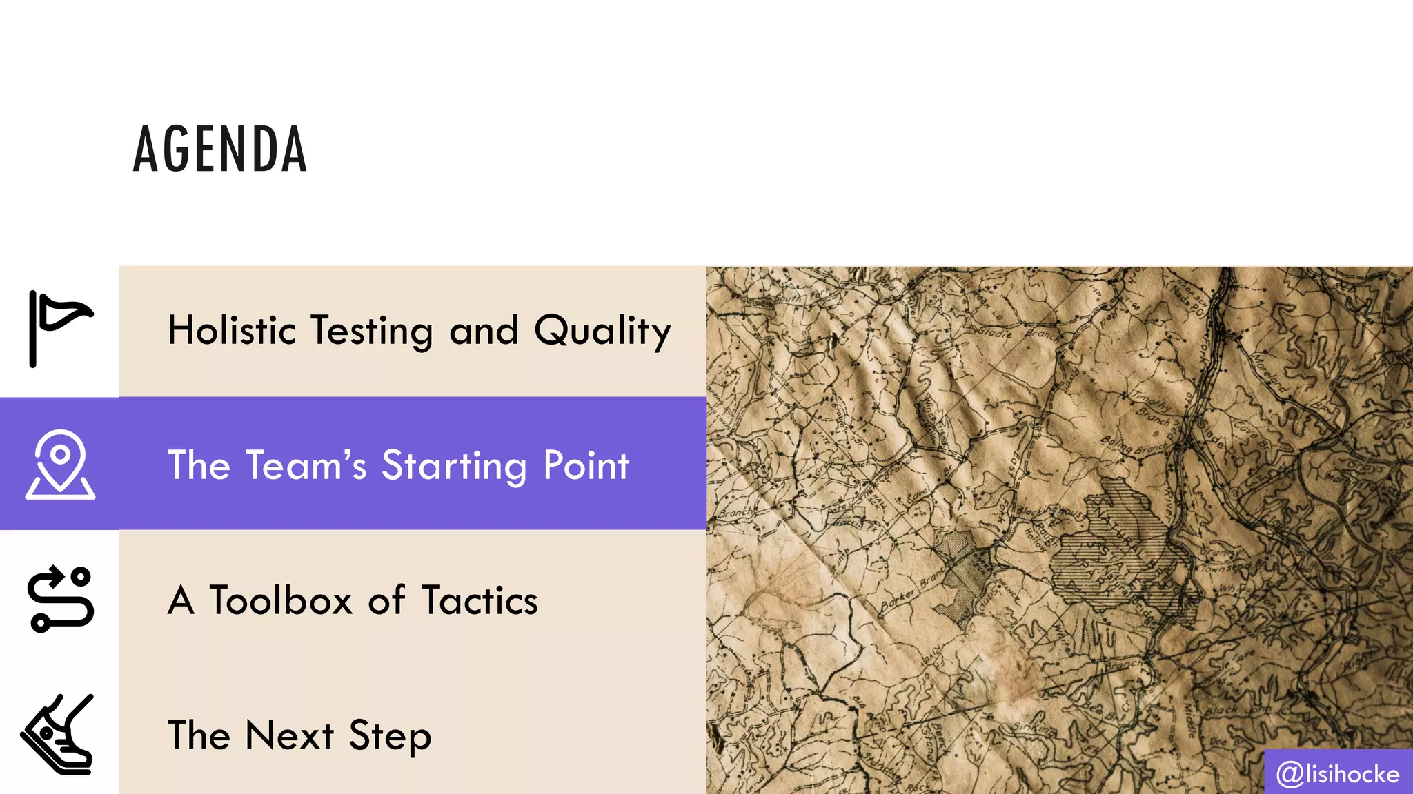 AGENDA
@lisihocke
Holistic Testing and Quality
The Team’s Starting Point
A Toolbox of Tactics
The Next Step
 