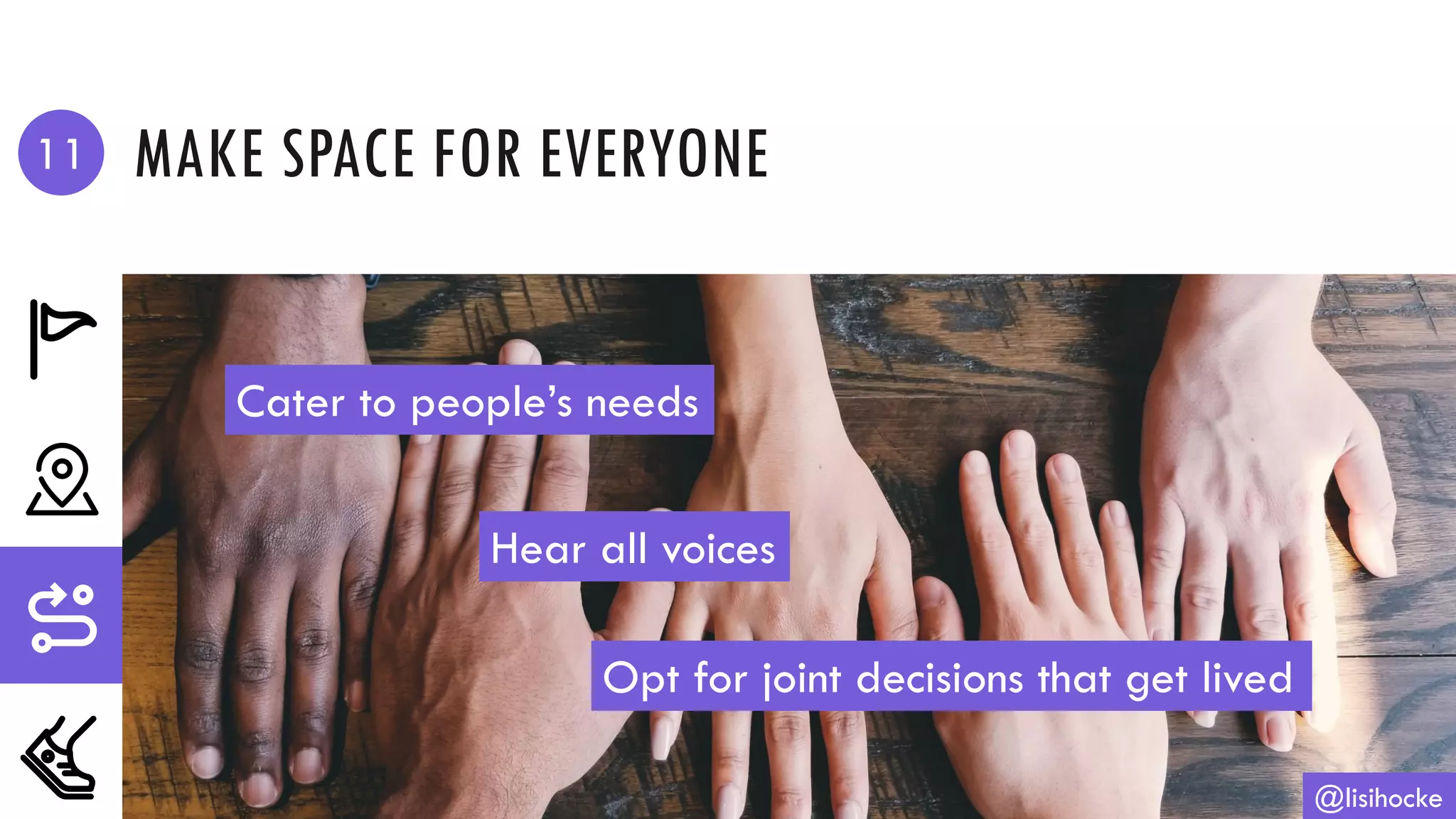 MAKE SPACE FOR EVERYONE
@lisihocke
Cater to people’s needs
Opt for joint decisions that get lived
11
Hear all voices
 