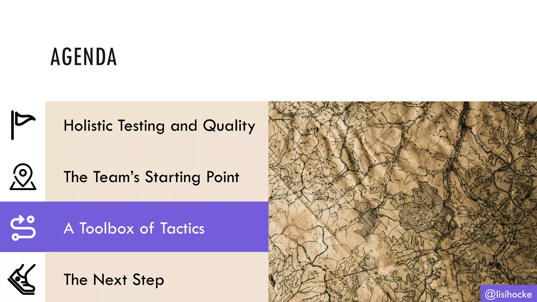 AGENDA
@lisihocke
Holistic Testing and Quality
The Team’s Starting Point
A Toolbox of Tactics
The Next Step
 