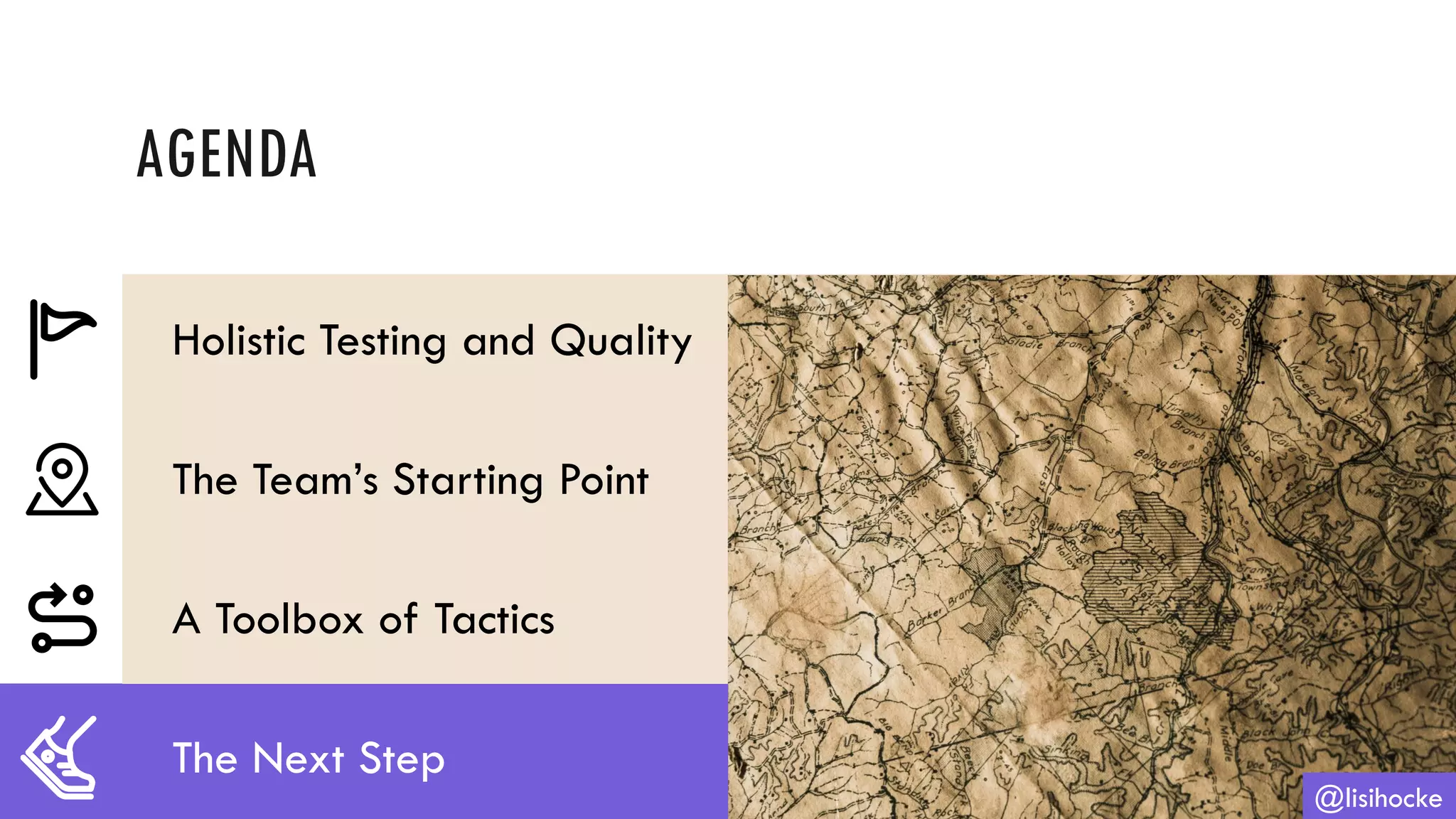AGENDA
@lisihocke
Holistic Testing and Quality
The Team’s Starting Point
A Toolbox of Tactics
The Next Step
 