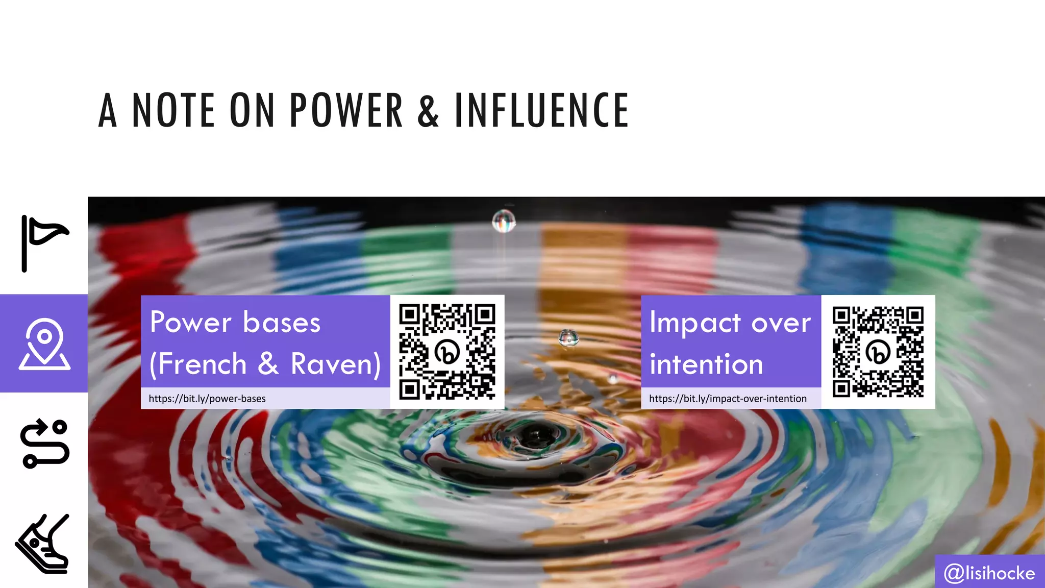 A NOTE ON POWER & INFLUENCE
@lisihocke
Power bases
(French & Raven)
https://bit.ly/power-bases
Impact over
intention
https://bit.ly/impact-over-intention
 