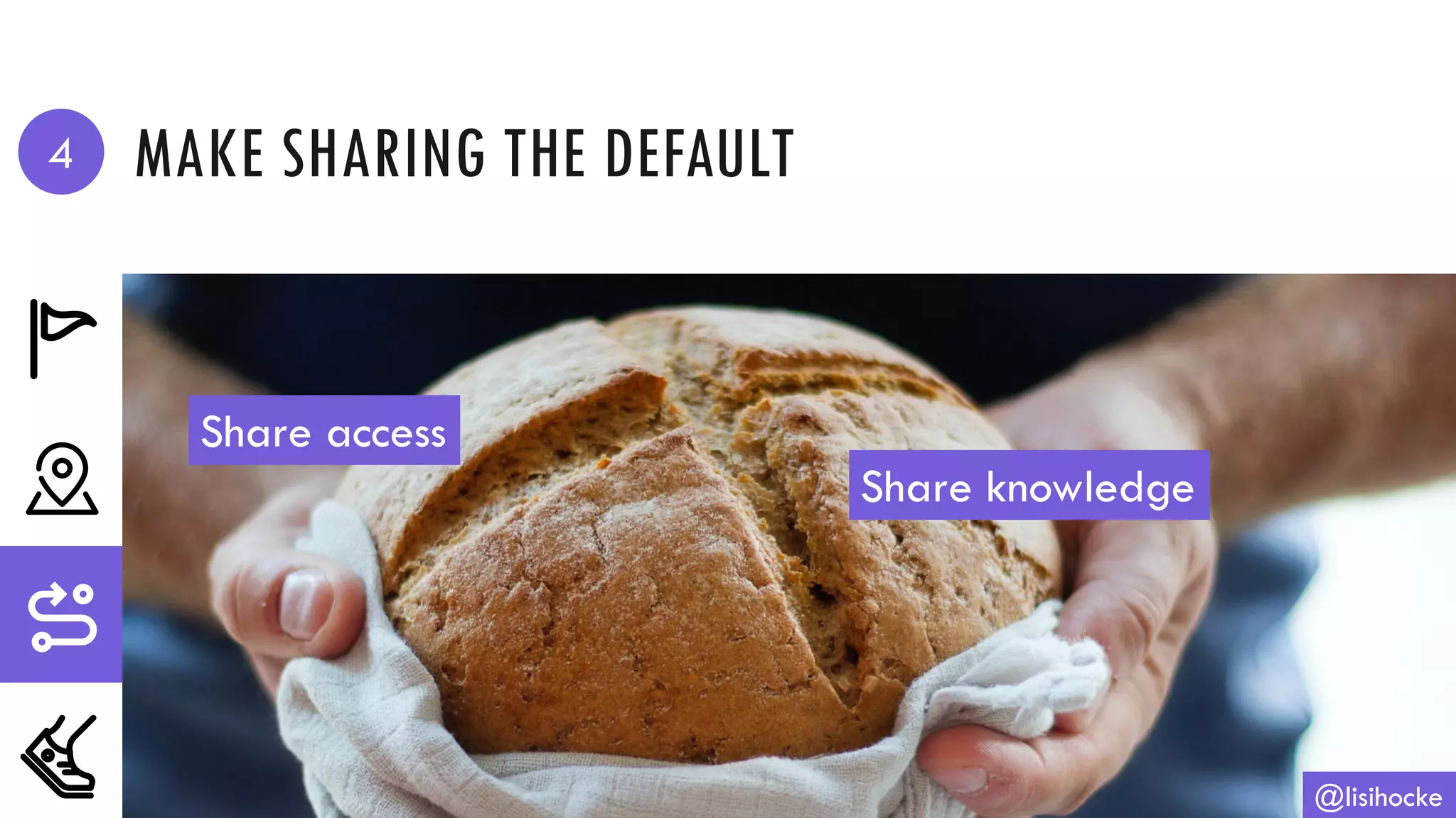 MAKE SHARING THE DEFAULT
@lisihocke
Share access
Share knowledge
4
 