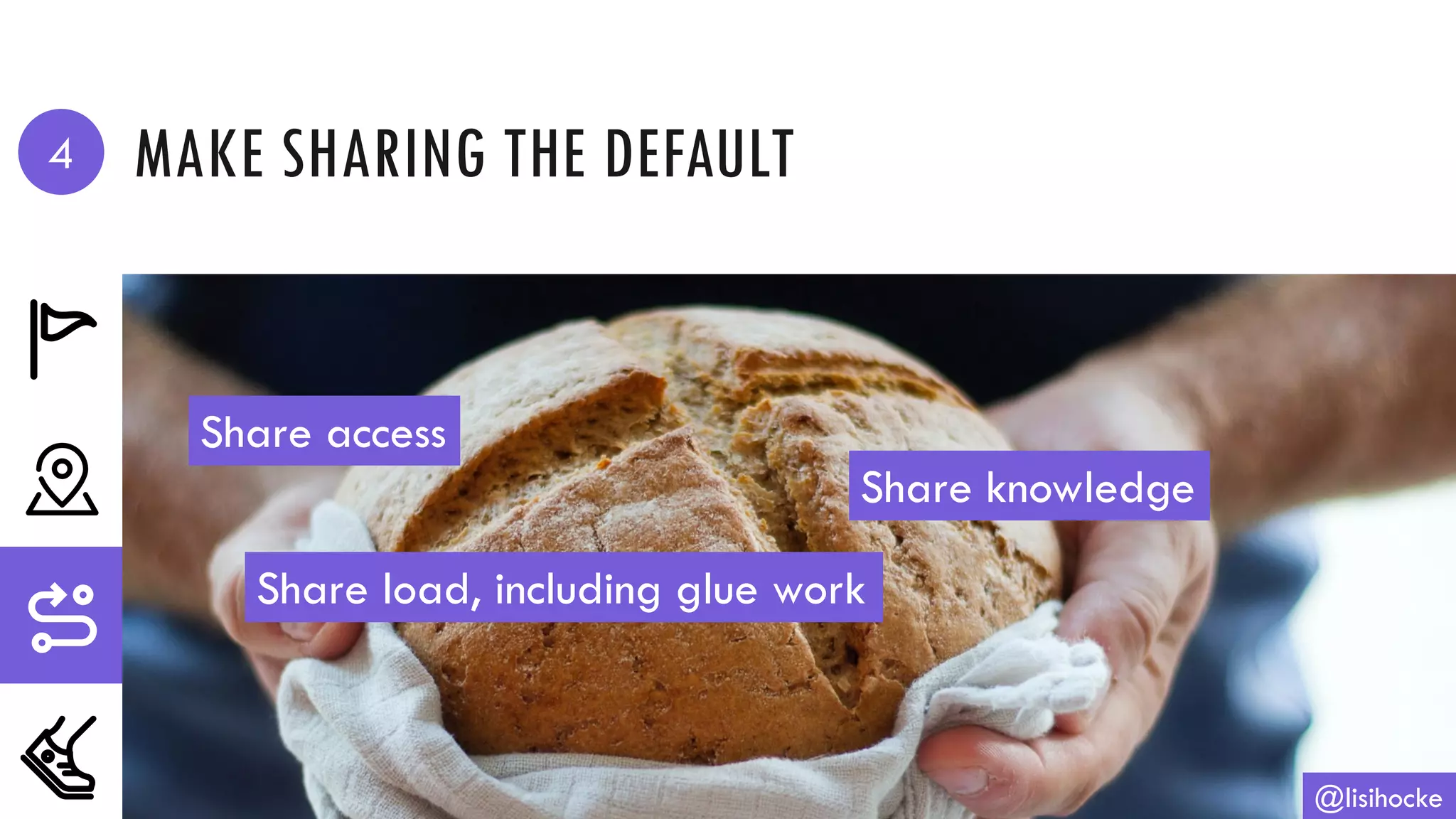 MAKE SHARING THE DEFAULT
@lisihocke
Share access
Share knowledge
Share load, including glue work
4
 