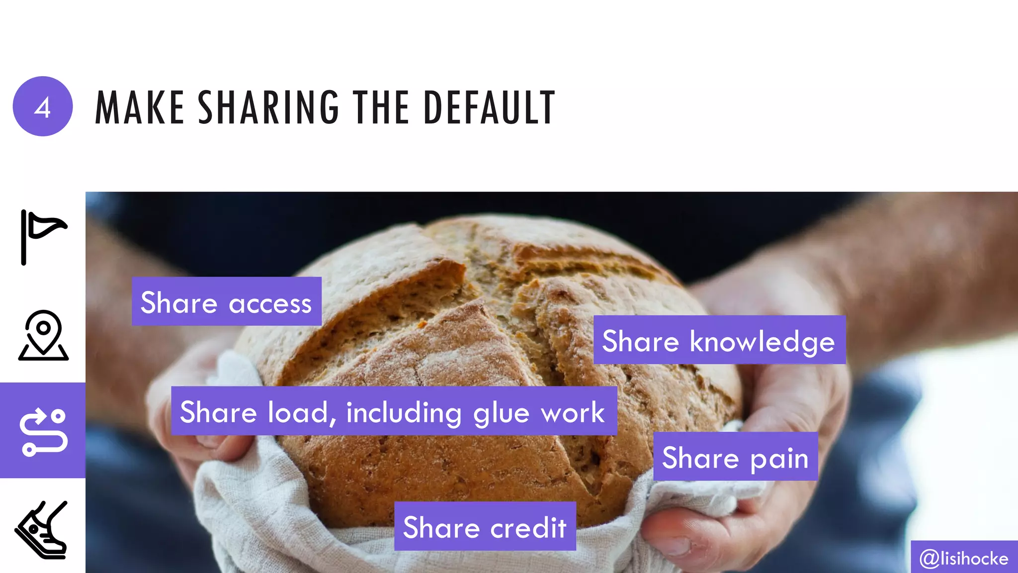 MAKE SHARING THE DEFAULT
@lisihocke
Share access
Share knowledge
Share load, including glue work
Share pain
4
Share credit
 