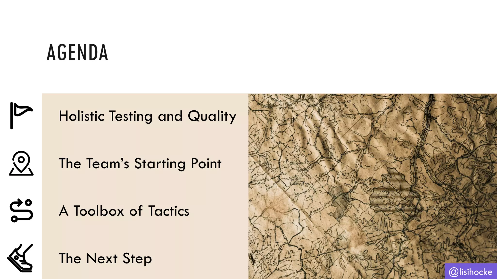 AGENDA
@lisihocke
Holistic Testing and Quality
The Team’s Starting Point
A Toolbox of Tactics
The Next Step
 