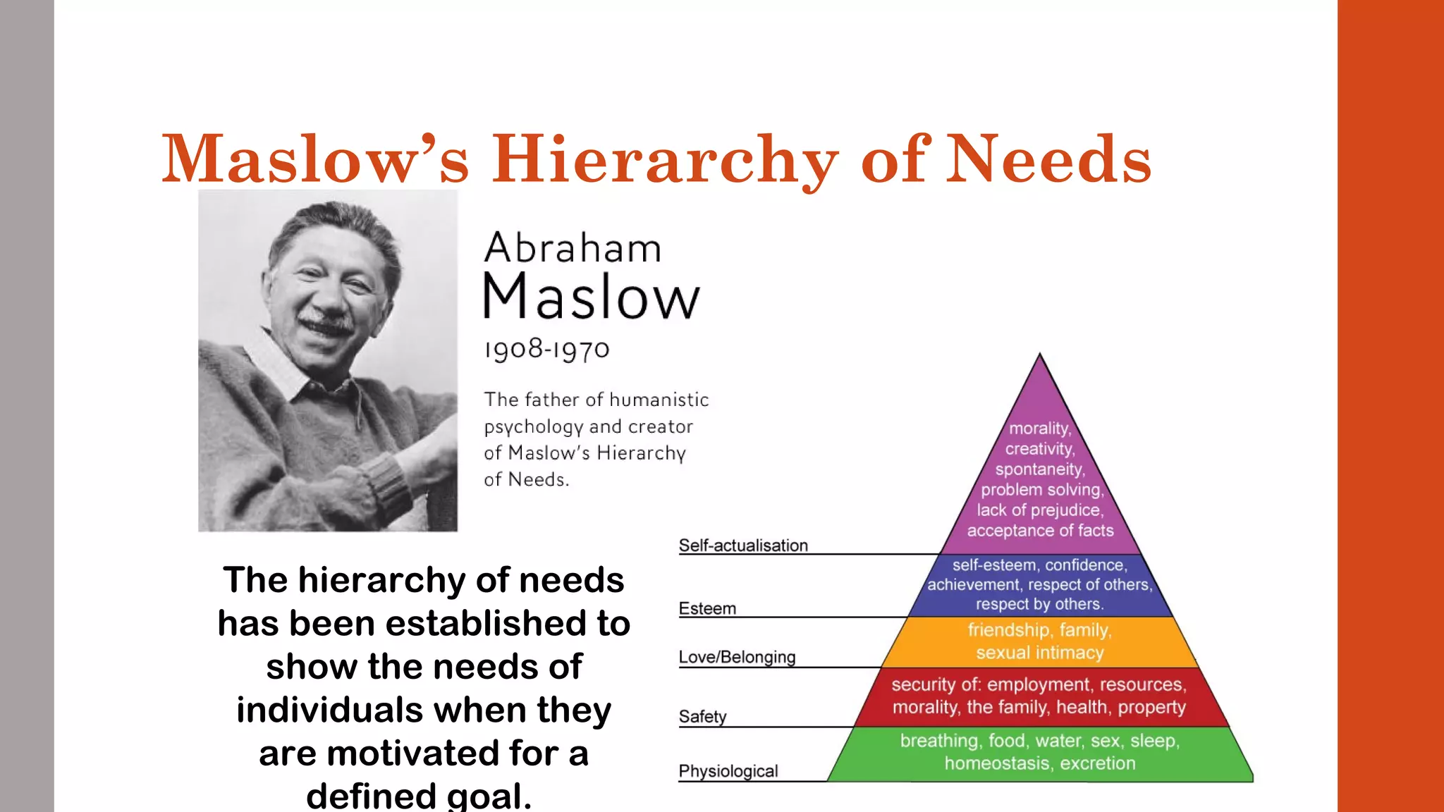 Maslow’s Hierarchy of Needs 
The hierarchy of needs 
has been established to 
show the needs of 
individuals when they 
are motivated for a 
defined goal. 
 
