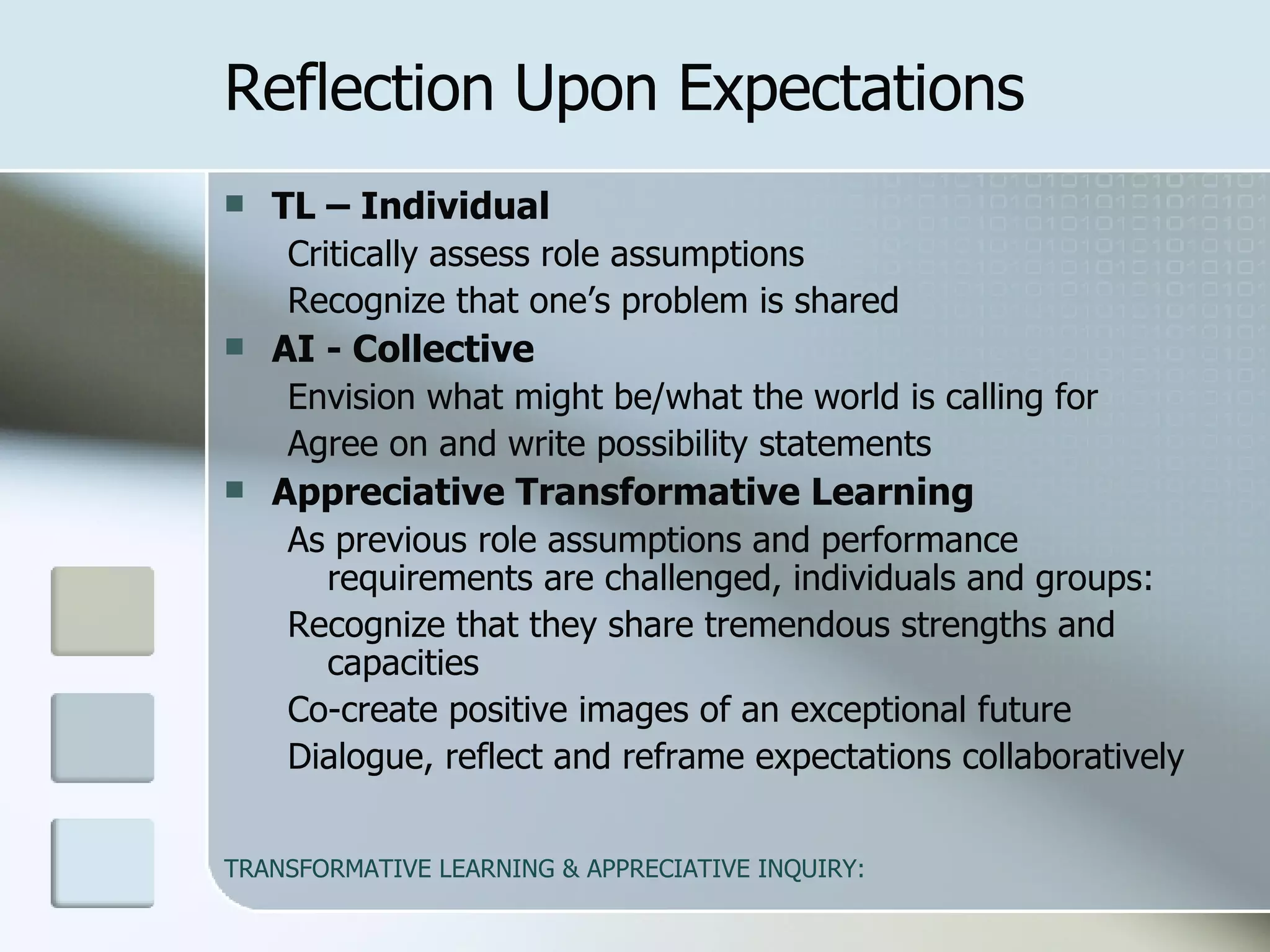 TL – Individual   Critically assess role assumptions Recognize that one’s problem is shared  AI - Collective   Envision what might be/what the world is calling for  Agree on and write possibility statements Appreciative Transformative Learning   As previous role assumptions and performance requirements are challenged, individuals and groups: Recognize that they share tremendous strengths and capacities Co-create positive images of an exceptional future Dialogue, reflect and reframe expectations collaboratively Reflection Upon Expectations 