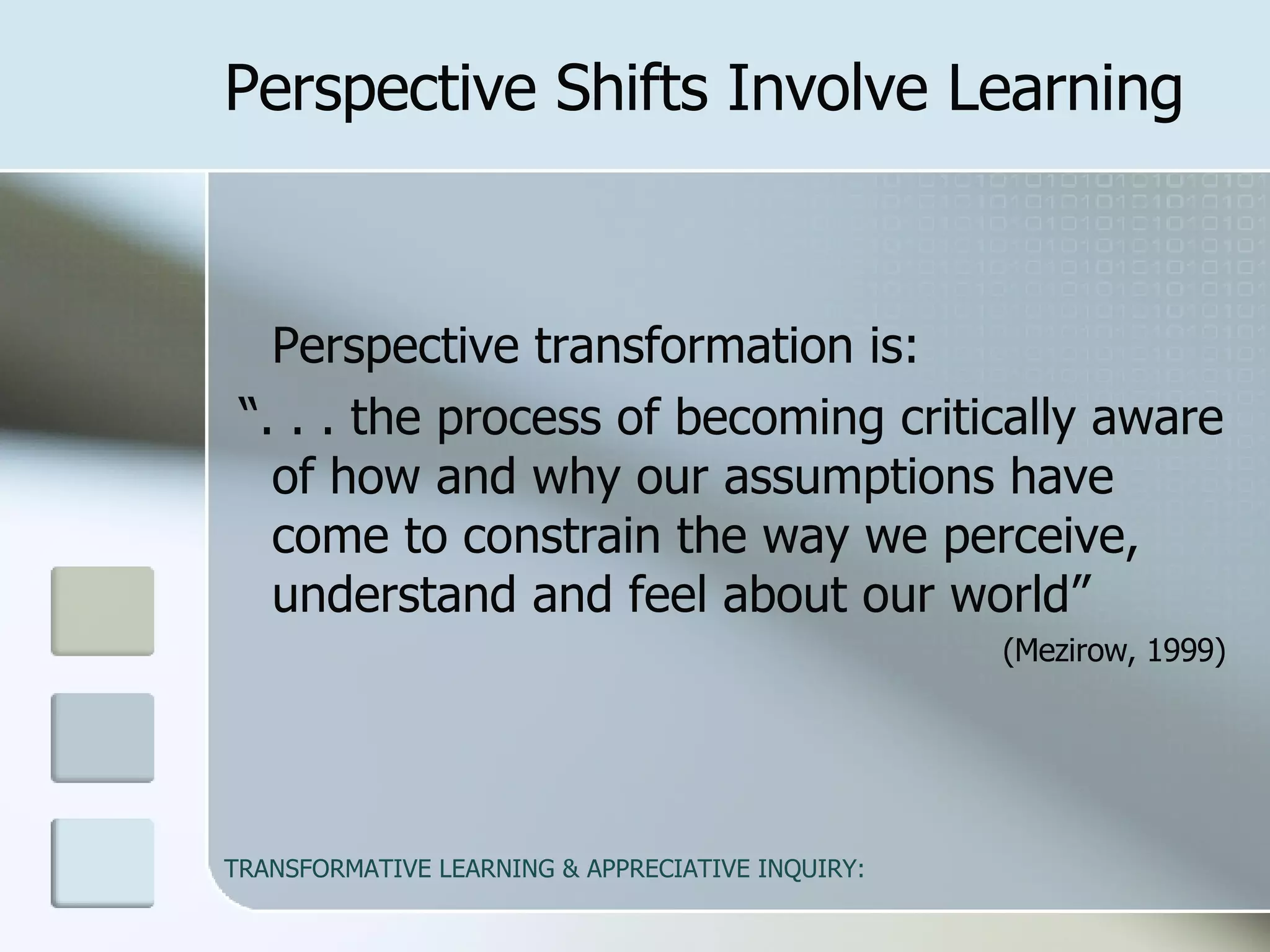 Perspective Shifts Involve Learning Perspective transformation is:  “ . . . the process of becoming critically aware of how and why our assumptions have come to constrain the way we perceive, understand and feel about our world”  (Mezirow, 1999) 