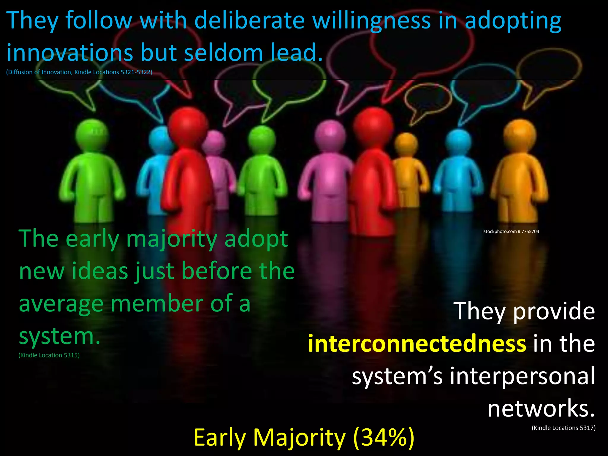 They follow with deliberate willingness in adopting
innovations but seldom lead.
(Diffusion of Innovation, Kindle Locations 5321-5322)

The early majority adopt
new ideas just before the
average member of a
They provide
system.
interconnectedness in the
system’s interpersonal
networks.
Early Majority (34%)
istockphoto.com # 7755704

(Kindle Location 5315)

(Kindle Locations 5317)

 