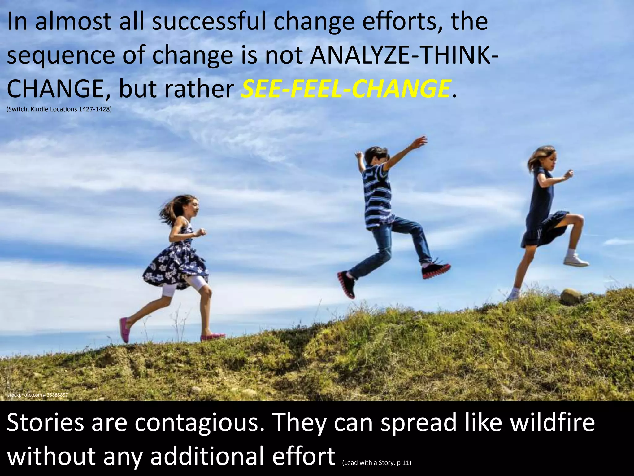 In almost all successful change efforts, the
sequence of change is not ANALYZE-THINKCHANGE, but rather SEE-FEEL-CHANGE.
(Switch, Kindle Locations 1427-1428)

istockphoto.com # 25885857

Stories are contagious. They can spread like wildfire
without any additional effort
(Lead with a Story, p 11)

 