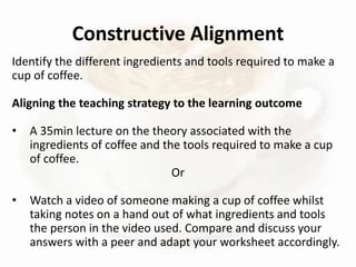 Identify the different ingredients and tools required to make a
cup of coffee.
Aligning the teaching strategy to the learning outcome
• A 35min lecture on the theory associated with the
ingredients of coffee and the tools required to make a cup
of coffee.
Or
• Watch a video of someone making a cup of coffee whilst
taking notes on a hand out of what ingredients and tools
the person in the video used. Compare and discuss your
answers with a peer and adapt your worksheet accordingly.
Constructive Alignment
 