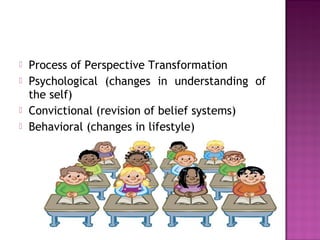  Process of Perspective Transformation
 Psychological (changes in understanding of
the self)
 Convictional (revision of belief systems)
 Behavioral (changes in lifestyle)
 
 