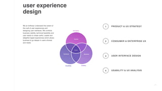user experience
design
PRODUCT & UX STRATEGY
1
CONSUMER & ENTERPRISE UX
2
USER INTERFACE DESIGN
3
USABILITY & UX ANALYSIS
4
We at UniKwan understand the extent of
the craft of user experiences and
designing user interfaces. We combine
business viability, technical feasibility and
user needs to create useful, usable and
delightful digital experiences which allows
business to go deeper in users choices
and needs.
 