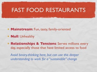 FAST FOOD RESTAURANTS


Mainstream: Fun, tasty, family-oriented

Null: Unhealthy

Relationships & Tensions: Serves millions every
day, especially those that have limited access to food

Avoid binary-thinking here, but can use this deeper
understanding to work for a “sustainable” change
 