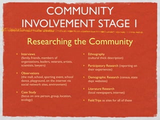 COMMUNITY
INVOLVEMENT STAGE 1
    Researching the Community
Interviews                                   Ethnography
(family, friends, members of                 (cultural thick description)
organizations, leaders, veterans, artists,
scientists, lawyers)                         Participatory Research (reporting on
                                             their experiences)
Observations
(the mall, school, sporting event, school    Demographic Research (census, state
dance, playground, on the internet via       dept websites)
social network sites, environment)
                                             Literature Research
Case Study                                   (local newspapers, internet)
(focus on one person, group, location,
ecology)                                     Field Trips as sites for all of these
 