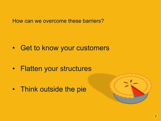How can we overcome these barriers?

• Get to know your customers
• Flatten your structures
• Think outside the pie

 