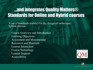 …and integrates Quality Matters®
Standards for Online and Hybrid courses
A set of standards (rubric) for the design of online and
hybrid courses:

•   Course Overview and Introduction
•   Learning Objectives
•   Assessment and Measurement
•   Resources and Materials
•   Learner Interaction
•   Course Technology
•   Learner Support
•   Accessibility
 