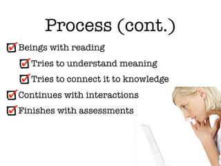 Process (cont.)
Beings with reading
  Tries to understand meaning
  Tries to connect it to knowledge
Continues with interactions
Finishes with assessments
 