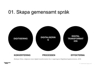 © Transformator Design 2016
01. Skapa gemensamt språk
DIGITISERING
DIGITALISERIN
G
DIGITAL
TRANSFORMAT
ION
KONVERTERING PROCESSEN EFFEKTERNA
Shahyan Khan, rådgivare inom digital transformation bl a i regeringens Digitaliseringskommision, 2016
 