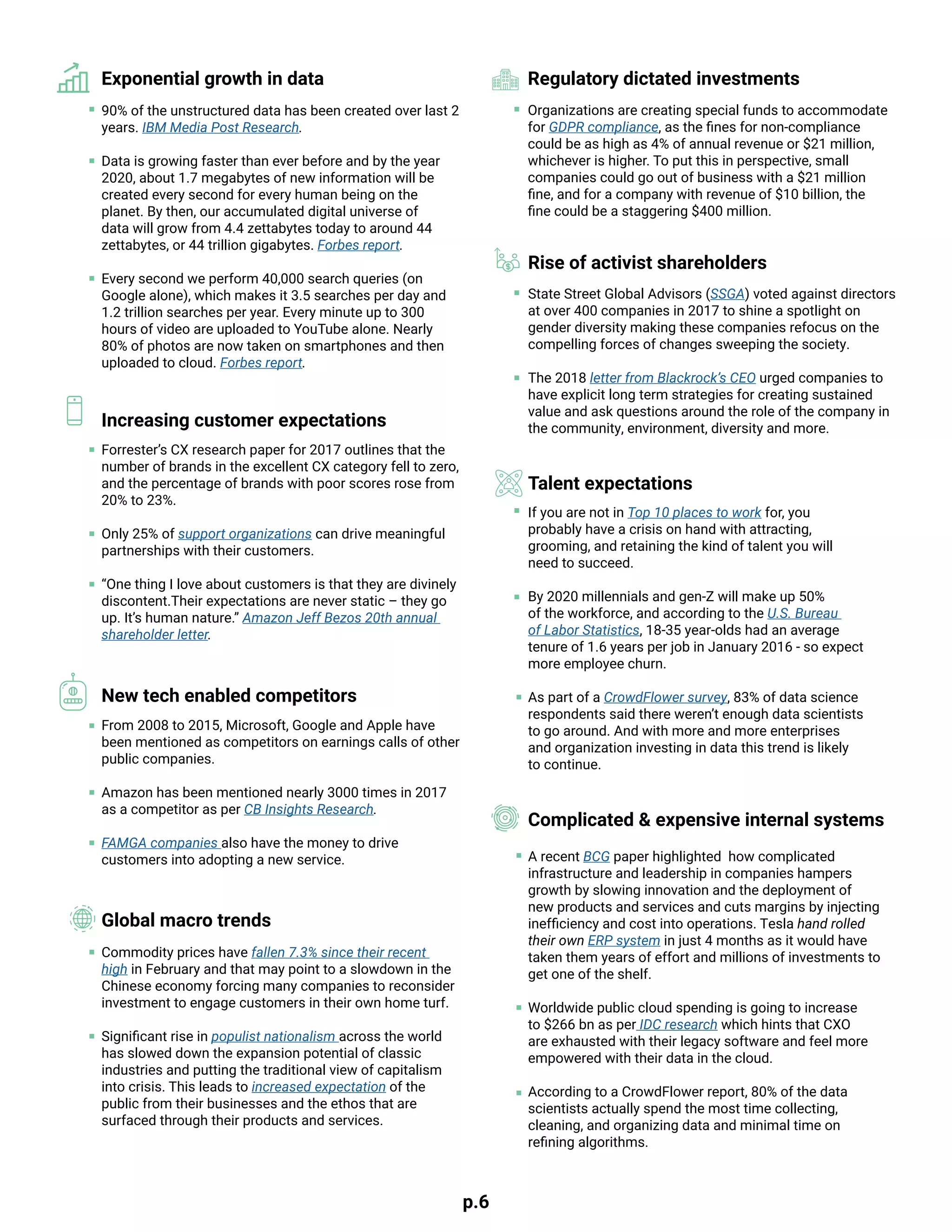 p.6
Exponential growth in data
90% of the unstructured data has been created over last 2
years. IBM Media Post Research.
Data is growing faster than ever before and by the year
2020, about 1.7 megabytes of new information will be
created every second for every human being on the
planet. By then, our accumulated digital universe of
data will grow from 4.4 zettabytes today to around 44
zettabytes, or 44 trillion gigabytes. Forbes report.
Every second we perform 40,000 search queries (on
Google alone), which makes it 3.5 searches per day and
1.2 trillion searches per year. Every minute up to 300
hours of video are uploaded to YouTube alone. Nearly
80% of photos are now taken on smartphones and then
uploaded to cloud. Forbes report.
Increasing customer expectations
Forrester’s CX research paper for 2017 outlines that the
number of brands in the excellent CX category fell to zero,
and the percentage of brands with poor scores rose from
20% to 23%.
Only 25% of support organizations can drive meaningful
partnerships with their customers.
“One thing I love about customers is that they are divinely
discontent.Their expectations are never static – they go
up. It’s human nature.” Amazon Jeff Bezos 20th annual
shareholder letter.
New tech enabled competitors
From 2008 to 2015, Microsoft, Google and Apple have
been mentioned as competitors on earnings calls of other
public companies.
Amazon has been mentioned nearly 3000 times in 2017
as a competitor as per CB Insights Research.
FAMGA companies also have the money to drive
customers into adopting a new service.
Global macro trends
Commodity prices have fallen 7.3% since their recent
high in February and that may point to a slowdown in the
Chinese economy forcing many companies to reconsider
investment to engage customers in their own home turf.
Significant rise in populist nationalism across the world
has slowed down the expansion potential of classic
industries and putting the traditional view of capitalism
into crisis. This leads to increased expectation of the
public from their businesses and the ethos that are
surfaced through their products and services.
Regulatory dictated investments
Organizations are creating special funds to accommodate
for GDPR compliance, as the fines for non-compliance
could be as high as 4% of annual revenue or $21 million,
whichever is higher. To put this in perspective, small
companies could go out of business with a $21 million
fine, and for a company with revenue of $10 billion, the
fine could be a staggering $400 million.
Rise of activist shareholders
State Street Global Advisors (SSGA) voted against directors
at over 400 companies in 2017 to shine a spotlight on
gender diversity making these companies refocus on the
compelling forces of changes sweeping the society.
The 2018 letter from Blackrock’s CEO urged companies to
have explicit long term strategies for creating sustained
value and ask questions around the role of the company in
the community, environment, diversity and more.
Talent expectations
If you are not in Top 10 places to work for, you
probably have a crisis on hand with attracting,
grooming, and retaining the kind of talent you will
need to succeed.
By 2020 millennials and gen-Z will make up 50%
of the workforce, and according to the U.S. Bureau
of Labor Statistics, 18-35 year-olds had an average
tenure of 1.6 years per job in January 2016 - so expect
more employee churn.
As part of a CrowdFlower survey, 83% of data science
respondents said there weren’t enough data scientists
to go around. And with more and more enterprises
and organization investing in data this trend is likely
to continue.
Complicated & expensive internal systems
A recent BCG paper highlighted how complicated
infrastructure and leadership in companies hampers
growth by slowing innovation and the deployment of
new products and services and cuts margins by injecting
inefficiency and cost into operations. Tesla hand rolled
their own ERP system in just 4 months as it would have
taken them years of effort and millions of investments to
get one of the shelf.
Worldwide public cloud spending is going to increase
to $266 bn as per IDC research which hints that CXO
are exhausted with their legacy software and feel more
empowered with their data in the cloud.
According to a CrowdFlower report, 80% of the data
scientists actually spend the most time collecting,
cleaning, and organizing data and minimal time on
refining algorithms.
 