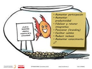 ©TRANSFORME Consultores 2012 www.transforme.cl +56 2 5709401
• Aumentar participación
• Aumentar
productividad
• Fidelizar y retener
integrantes
• Posicionar (branding)
• Facilitar cambio
• Reducir rechazo
• Aumentar conocimiento
¿?
 