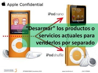 ©TRANSFORME Consultores 2012 www.transforme.cl +56 2 5709401
“Desarmar” los productos o
servicios actuales para
venderlos por separado
 