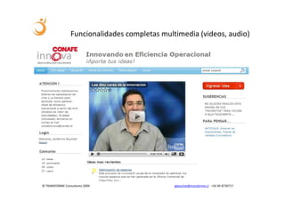 Funcionalidades completas multimedia (videos, audio)




© TRANSFORME Consultores 2009                  gbeuchat@transforme.cl +56 99 8730717
 